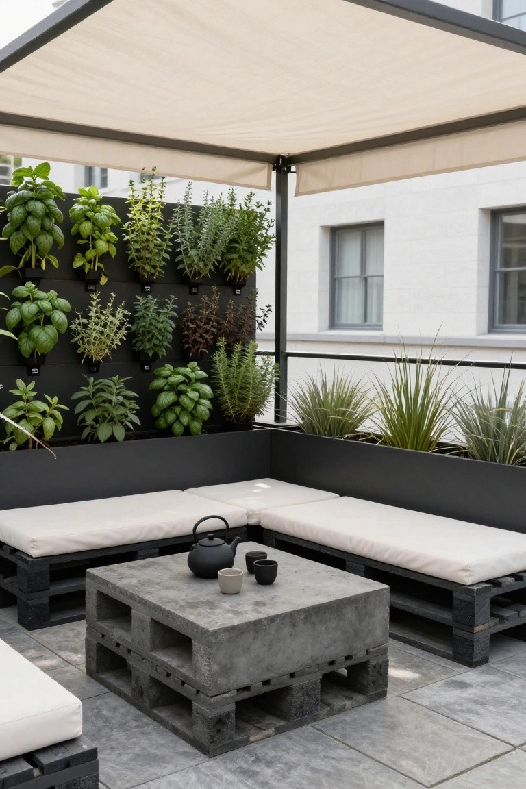 Balcony with beige canopy overhead, black vertical planters holding herbs, L-shaped black pallet couch with white cushions, low pallet table topped in concrete holding a teapot and cups, and potted grasses along the edge.
