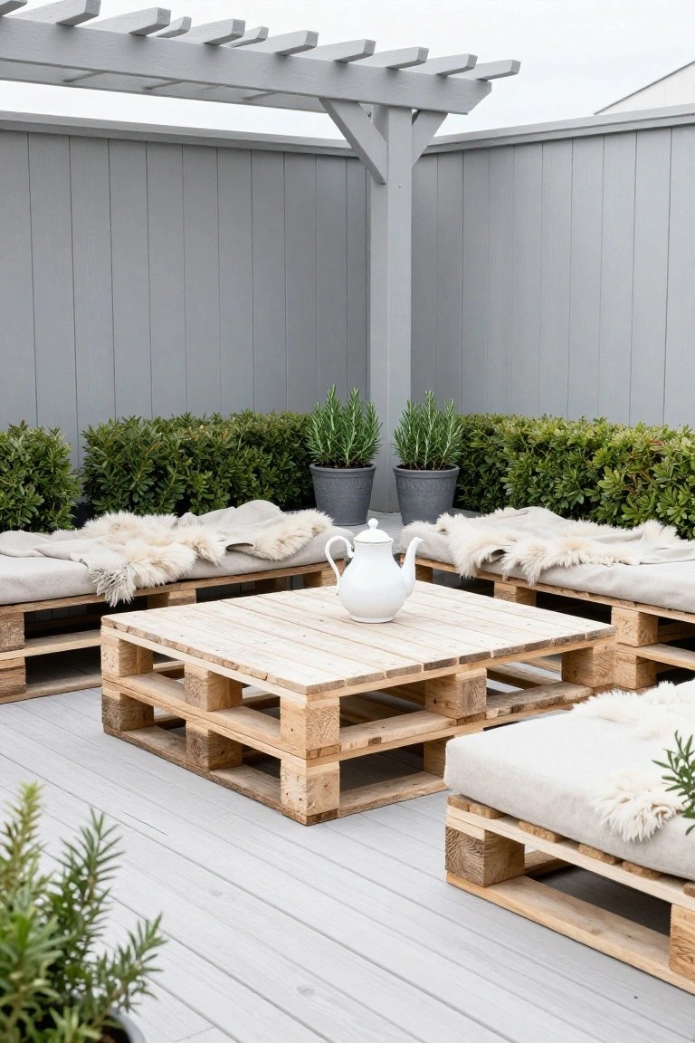 Wooden pallet benches with beige cushions and sheepskin throws arranged around a pallet coffee table holding a white teapot, on a gray deck surrounded by potted plants and hedges under a pergola.