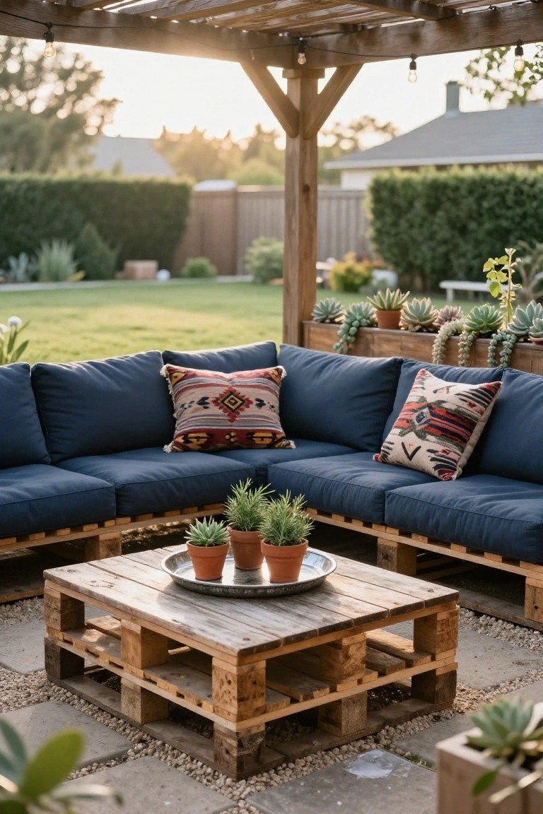 Wooden pallet L-shaped outdoor sofa with navy cushions and colorful patterned pillows, next to a pallet coffee table with potted succulents and a metal tray, under a pergola with string lights in a backyard patio surrounded by plants and pavers.