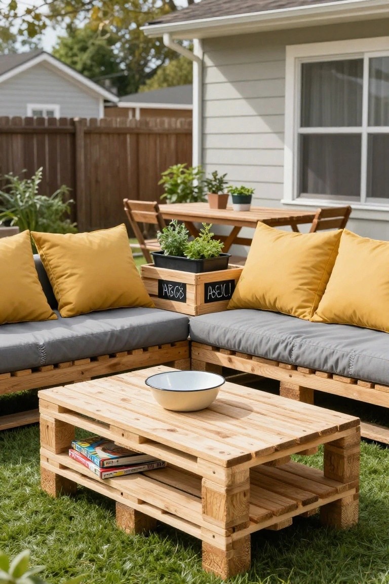 L-shaped outdoor sofa and rectangular coffee table made from wooden pallets on grass, with gray cushions and yellow pillows on the sofa, a white bowl and books on the table, potted plants nearby, and a house and fence in the background.