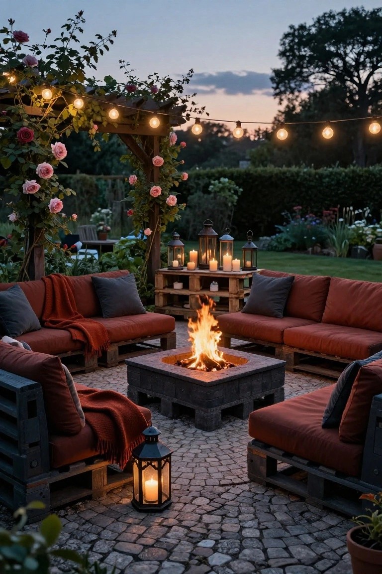 Cozy garden patio with pallet sofas, fire pit, string lights, and roses at dusk.