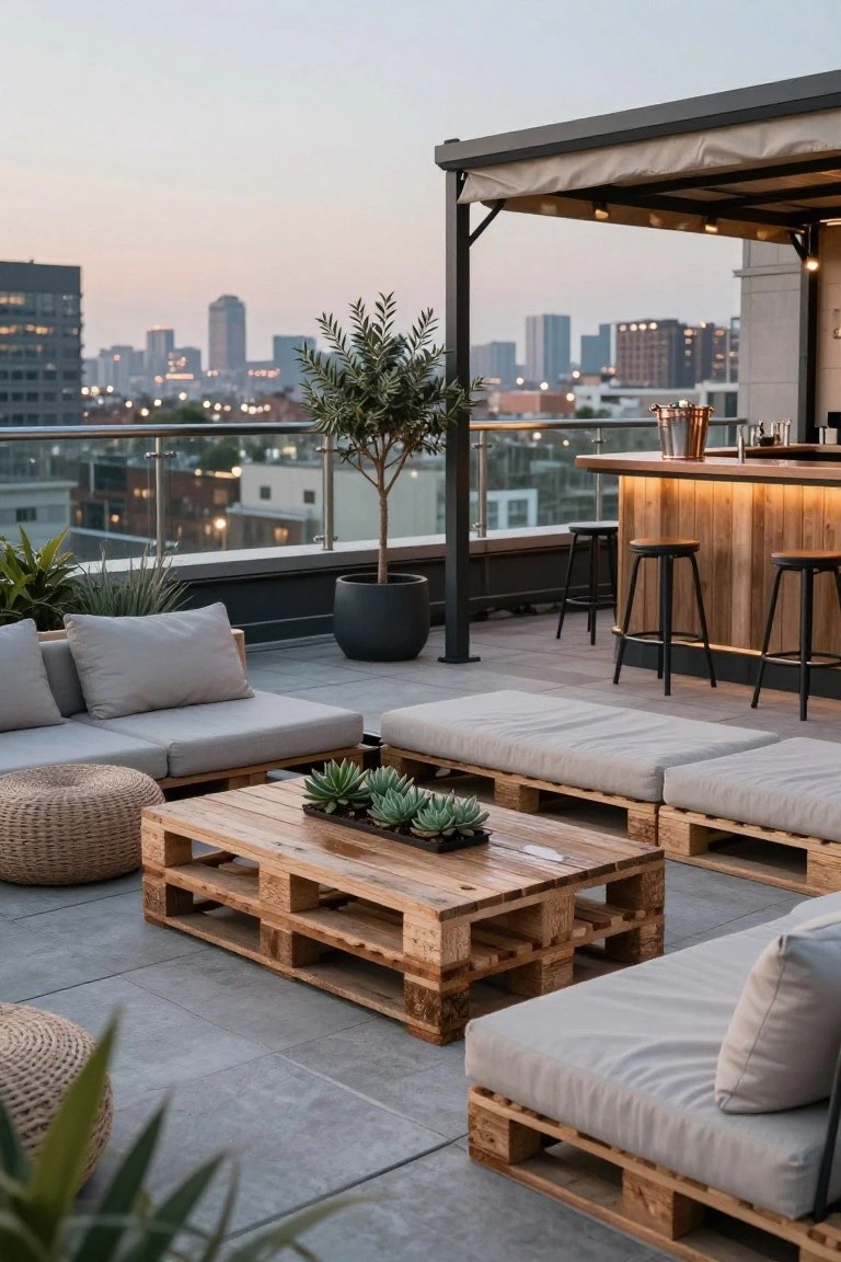 Rooftop terrace lounge with wooden pallet sofas topped by gray cushions, pallet coffee table holding potted succulents, wooden bar with stools, olive tree in black pot, and city skyline at dusk.
