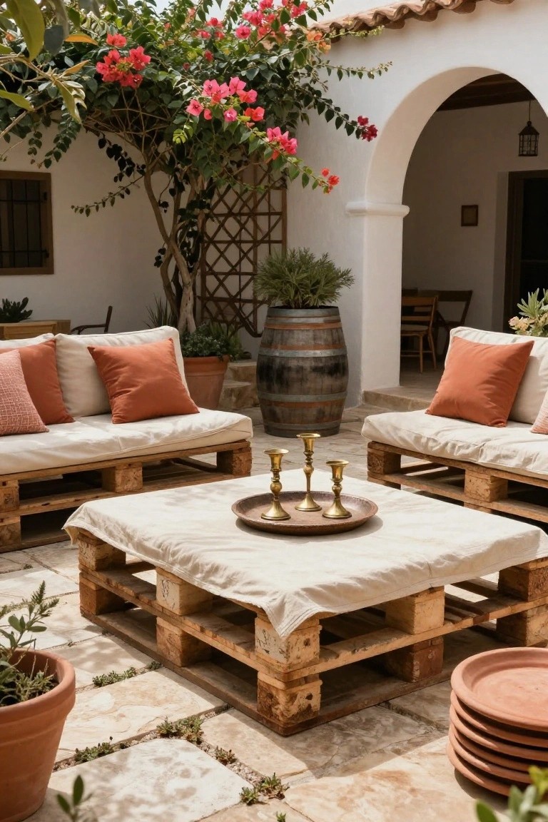 Outdoor patio with low wooden pallet sofas topped with beige and orange cushions, a central pallet coffee table holding brass candlesticks on a white cloth, a wooden barrel nearby, potted plants, and bougainvillea climbing white stucco walls and arches.