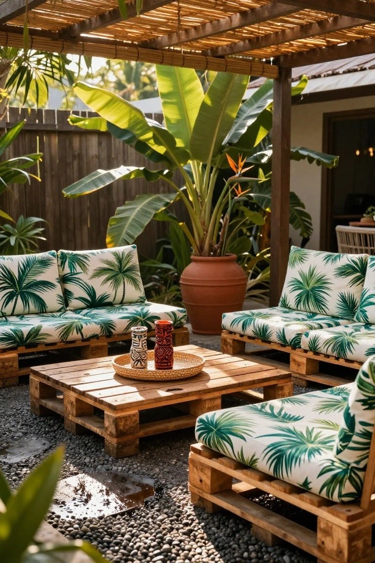 Outdoor patio seating area built from stacked wooden pallets as sofas and a low coffee table, topped with white cushions printed with green palm leaves, under a thatched pergola with tropical plants nearby.