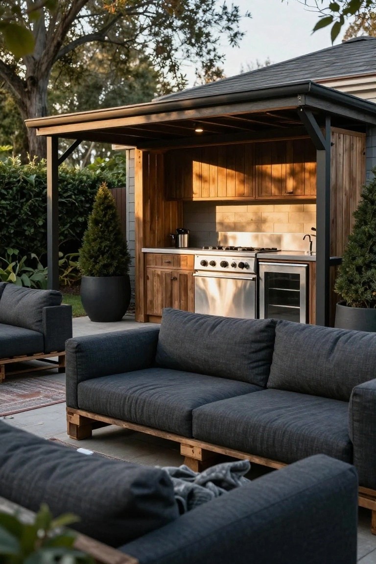 Outdoor patio with wooden kitchen, gray sofas, and potted trees.