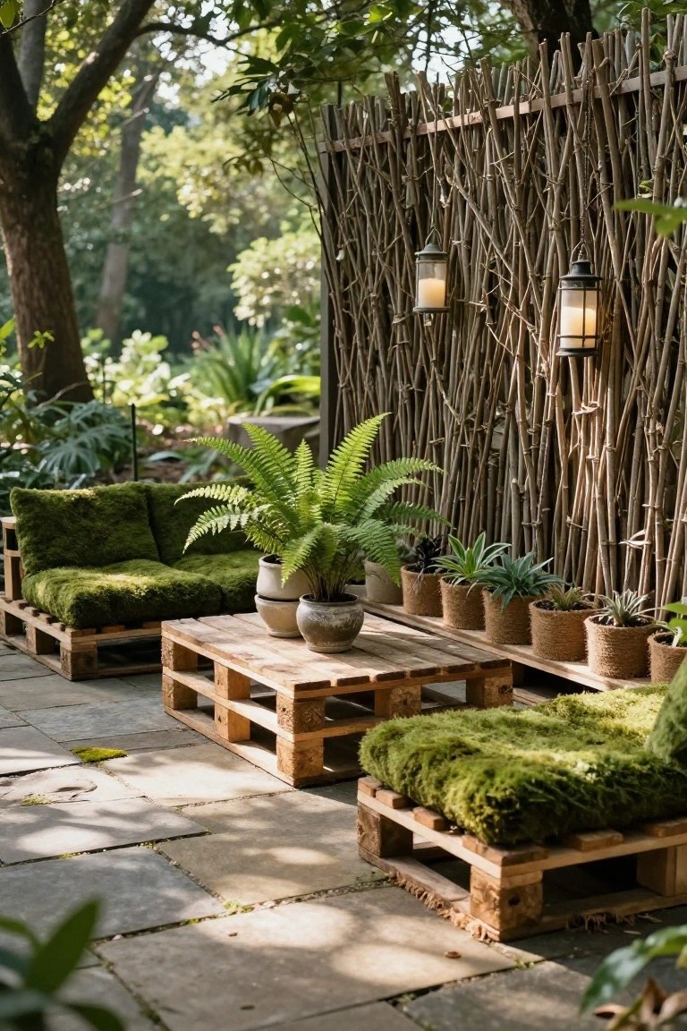 Outdoor patio with moss-upholstered sofas and coffee table made from wooden pallets, potted ferns and succulents on the table, bamboo fencing backdrop, and hanging lanterns.