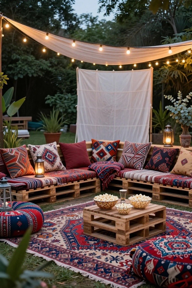 Outdoor patio lounge area built from wooden pallets into L-shaped sofas with colorful patterned cushions, blankets, rug, string lights overhead, lanterns, popcorn bowls on a pallet table, and a white fabric screen backdrop amid potted plants and greenery.