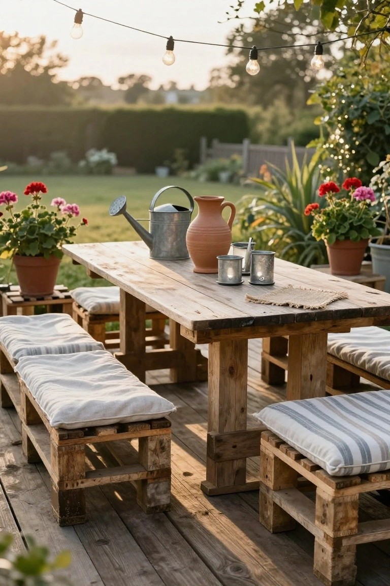 Wooden pallet table and benches with cushions on an outdoor deck, surrounded by potted plants, a metal watering can, tin cups, and string lights overhead in a garden setting at dusk.