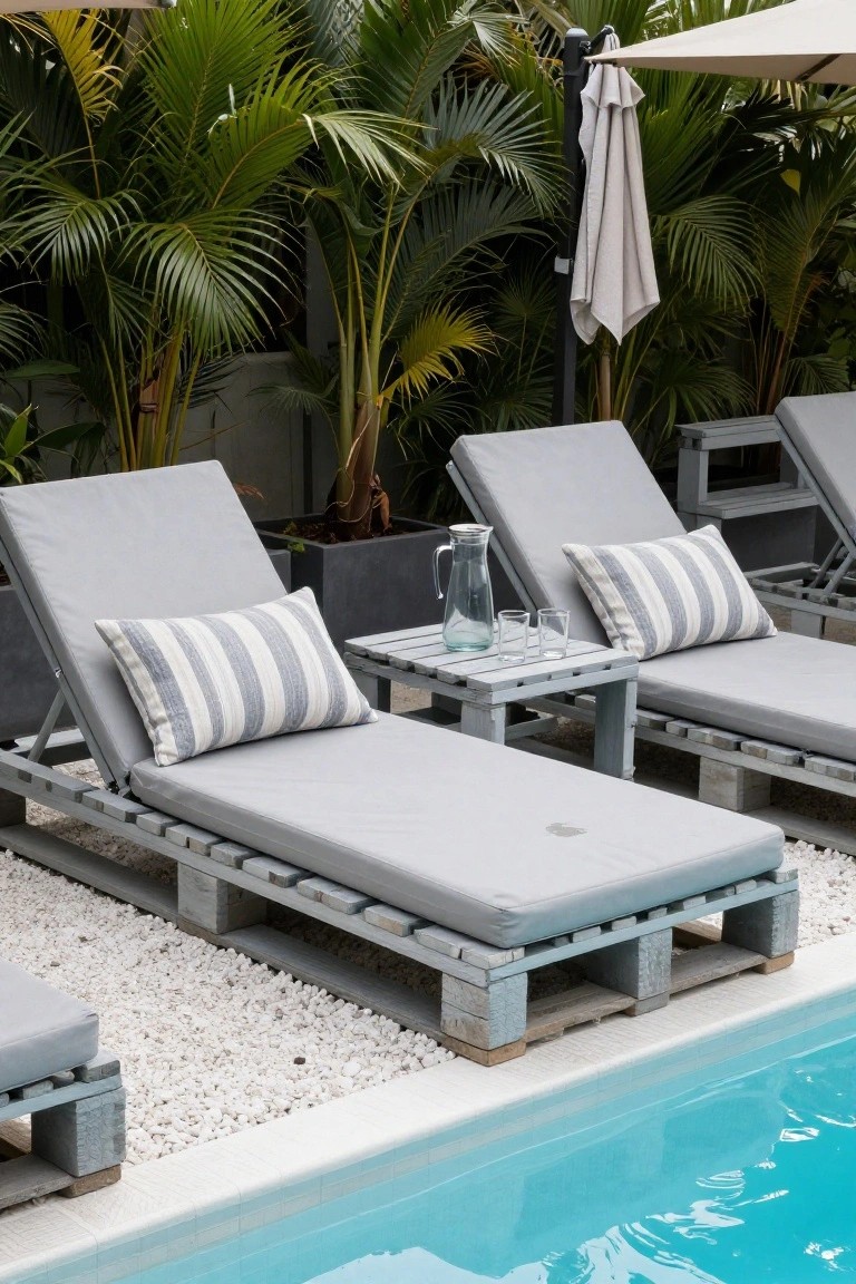 Three gray cushioned lounge chairs built on wooden pallet frames arranged beside a swimming pool, with a small wooden table holding a glass pitcher and two tumblers, surrounded by potted palms and an outdoor umbrella.