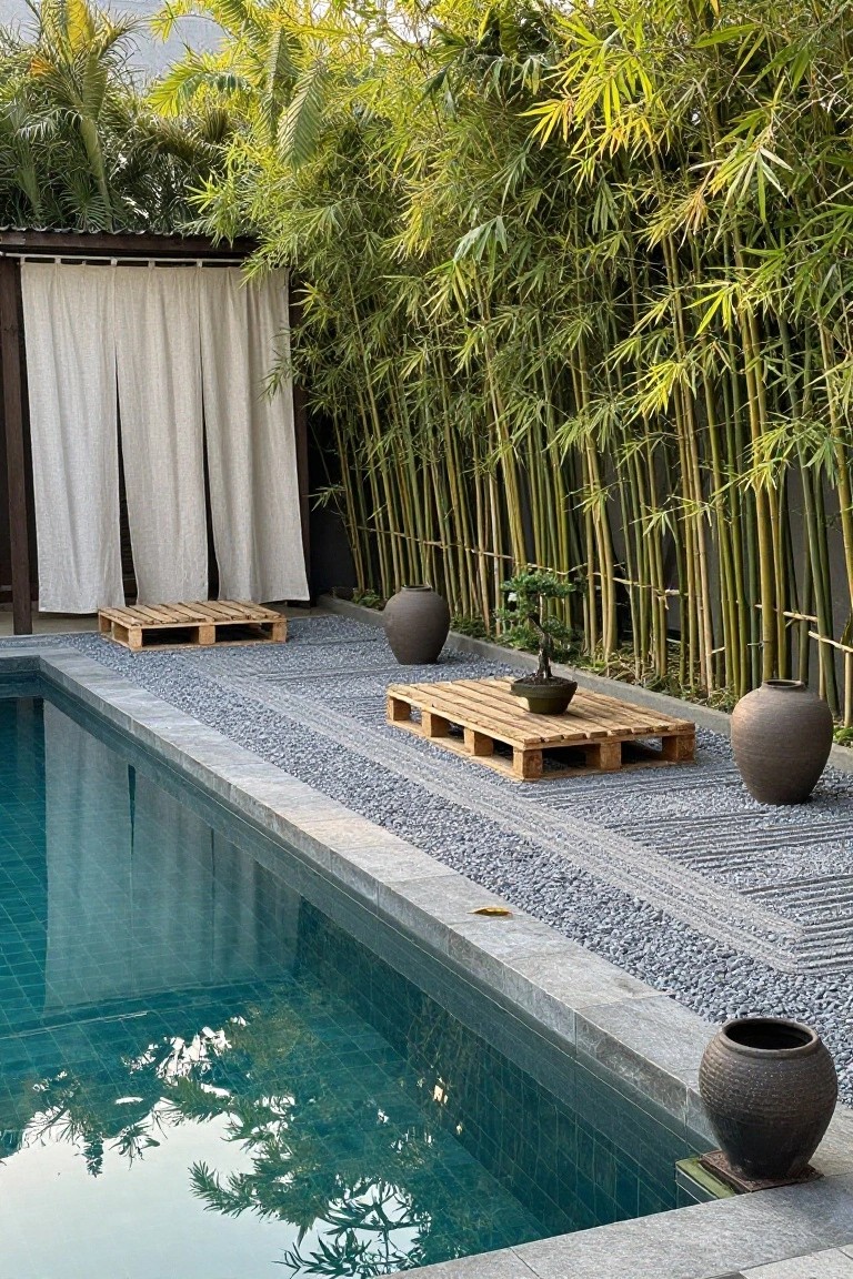Narrow turquoise-tiled swimming pool with gray stone edging and gray gravel ground cover alongside, wooden pallet platforms supporting a bonsai tree in a pot, large brown pottery pots, bamboo screening, and white curtains on a wooden structure.