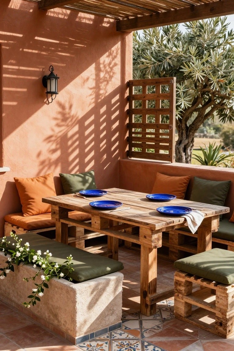 Wooden pallet table and benches with cushions on a terracotta-tiled patio under a reed-covered roof, set against pinkish walls with blue plates on the table and olive trees visible through a wooden screen.