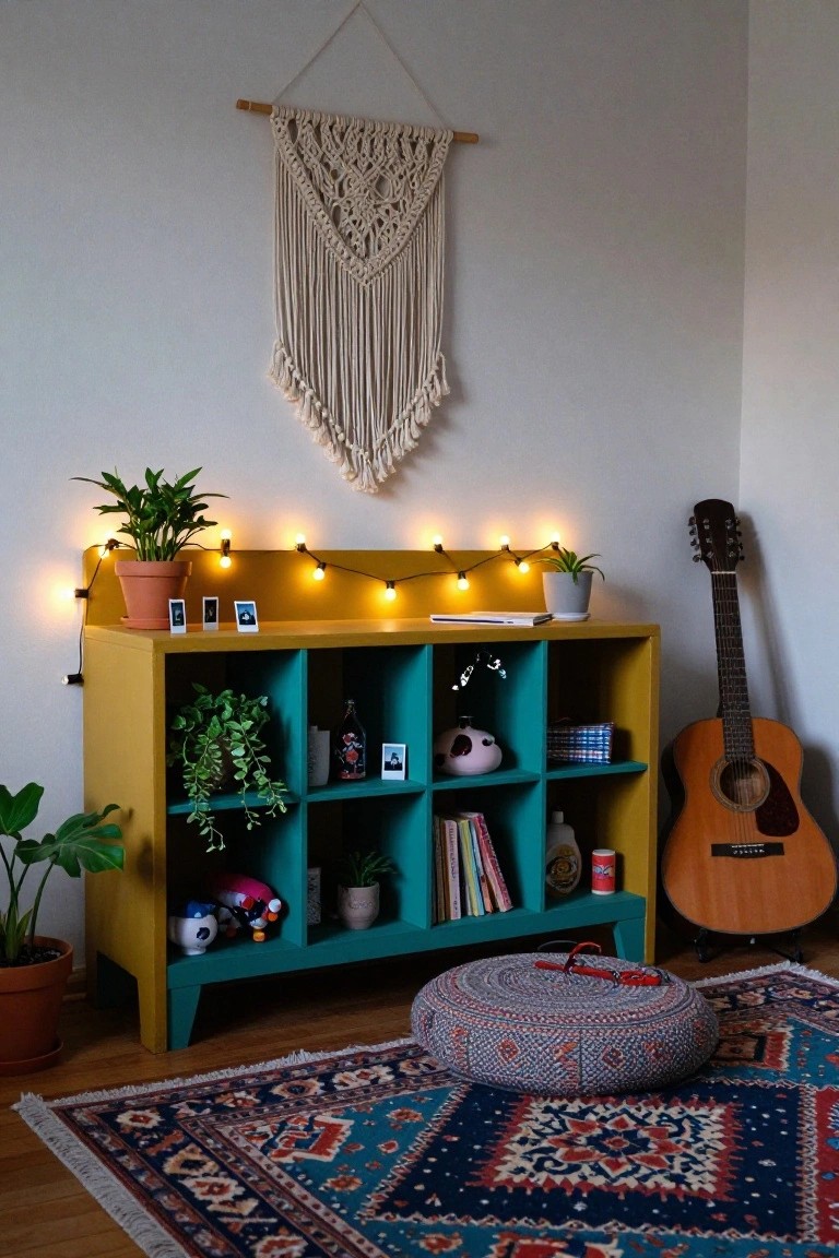 Room corner with a yellow-topped teal cubby shelf unit containing plants, books, stuffed animals, bottles, and decor items, string lights along the top, a leaning acoustic guitar, macrame wall hanging, potted plants on the floor, and a round pouf on a patterned rug.