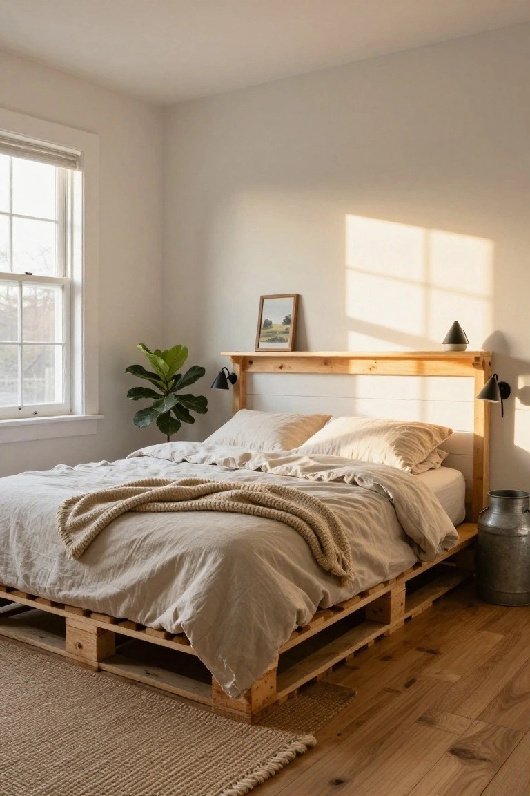 Bedroom with a queen-size bed on an elevated wooden pallet frame, beige linen bedding and throw, wooden headboard with wall sconces, fiddle leaf fig plant, framed art, milk can side table, jute rug, and window with natural light.