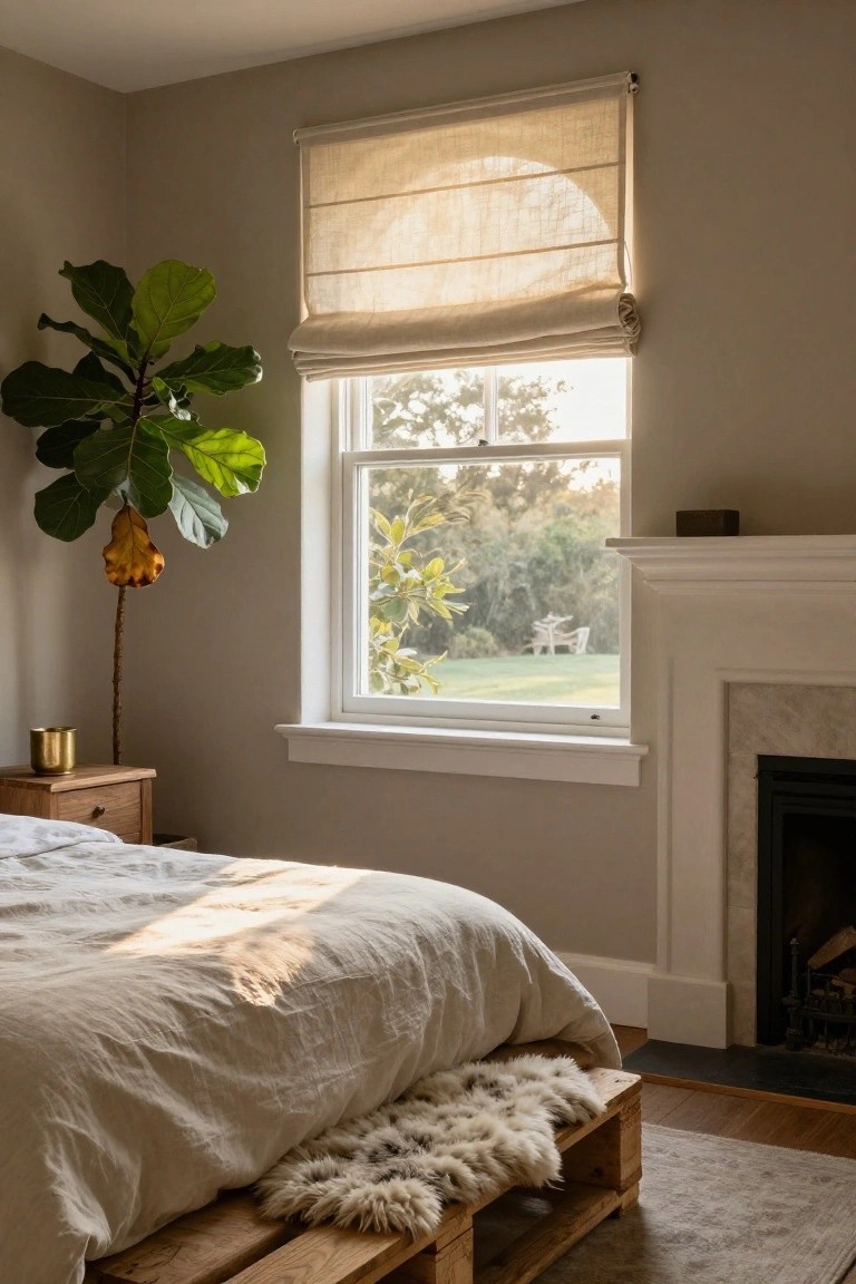 Bedroom corner showing a bed on stacked wooden pallet frame with white linen bedding and sheepskin rugs at the foot, fiddle leaf fig plant in yellow pot, wooden nightstand, window with beige roman shade overlooking trees and lawn, and white fireplace with dark hearth.