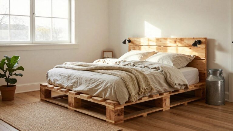 Bedroom with a queen-size bed on an elevated wooden pallet frame, beige linen bedding and throw, wooden headboard with wall sconces, fiddle leaf fig plant, framed art, milk can side table, jute rug, and window with natural light.
