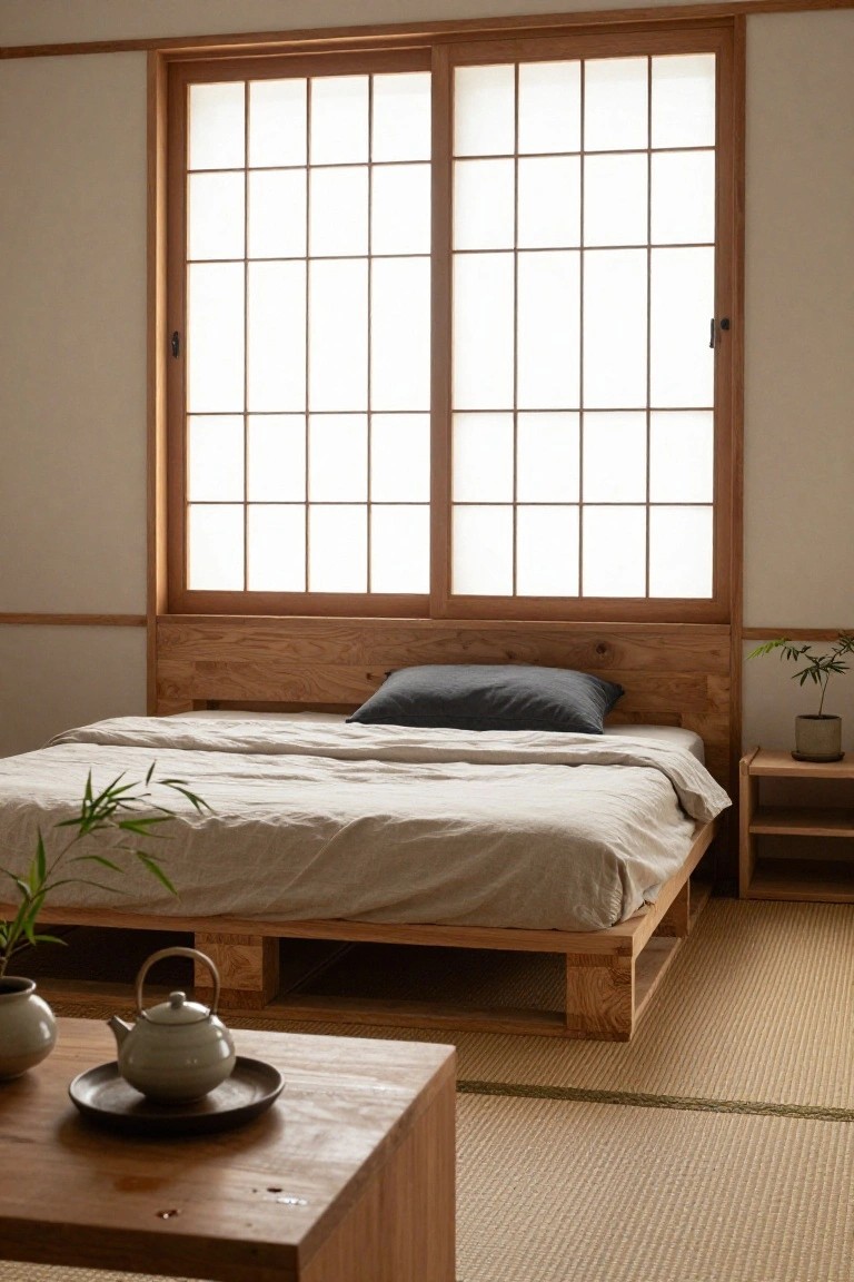 A minimalist Japanese-style bedroom with a low wooden pallet platform bed, shoji sliding screens, tatami mat flooring, bamboo plants, and a teapot on a low wooden table.