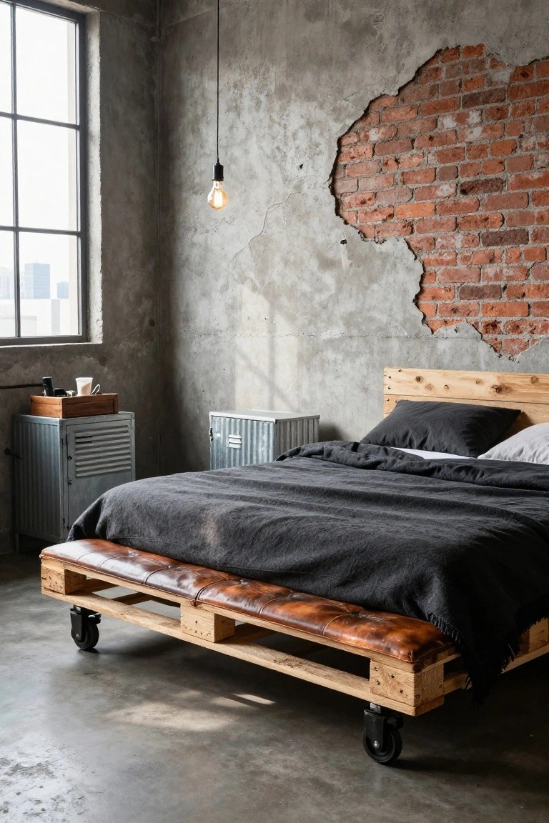 Industrial loft bedroom with wooden pallet bed frame on caster wheels, leather bench at foot, dark linens, metal cabinets, exposed brick wall section, concrete floor, and hanging bulb light.