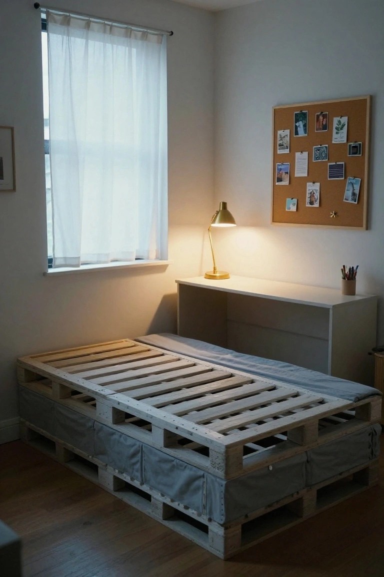A small bedroom with a low wooden pallet bed frame covered in gray fabric, a white desk with gold desk lamp and pencils, corkboard on wall with photos and notes, and sheer curtains over window.