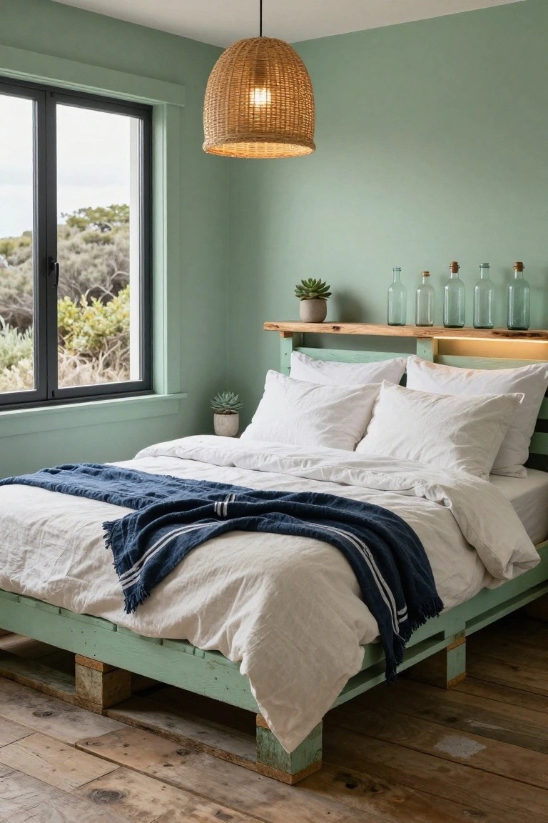 Bedroom with mint green painted wooden pallet bed frame, rustic wooden headboard shelf holding succulents and glass bottles with under-shelf lighting, white linen bedding, rattan pendant lamp, and large window showing coastal scrub outside.