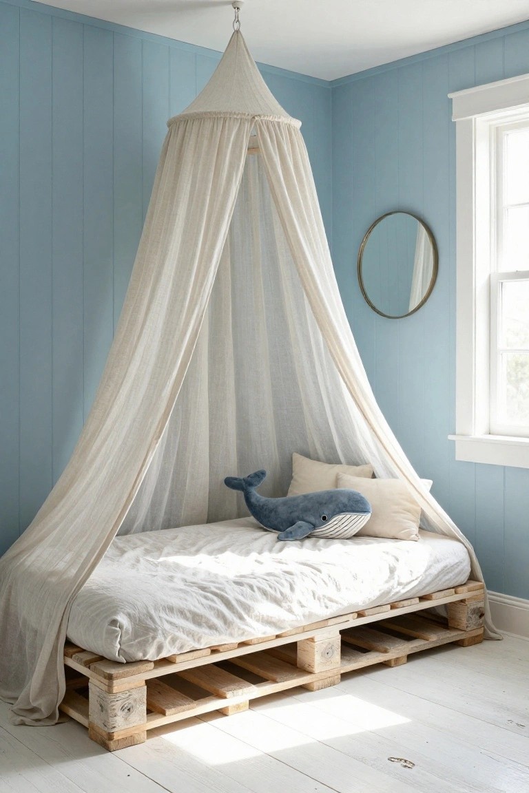 A low bed frame made from wooden pallets in a light blue bedroom, covered by a white sheer canopy, with a blue whale stuffed toy and pillows on white bedding, a round gold mirror on the wall, and natural light from a window.