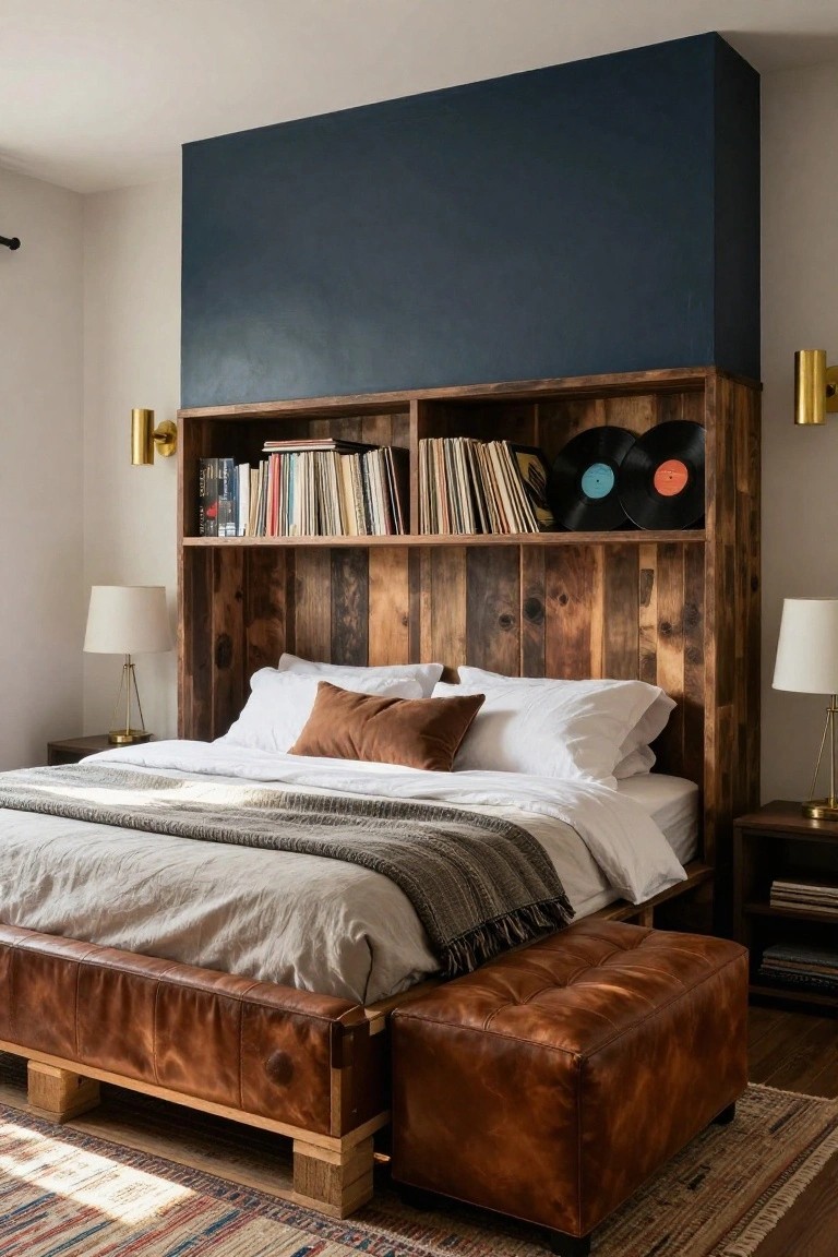 Bedroom with a low wooden pallet bed frame, tall reclaimed wood headboard with built-in shelves holding books and vinyl records, tan leather foot bench, bedside lamps, and a colorful rug on hardwood floor.