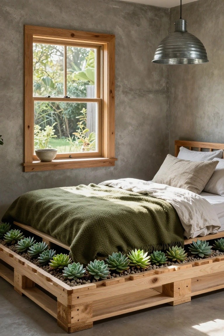 Bedroom interior showing a low wooden pallet bed frame with succulents planted around the base, neutral linens and green throw on the bed, wooden window with garden view, and metal pendant light.