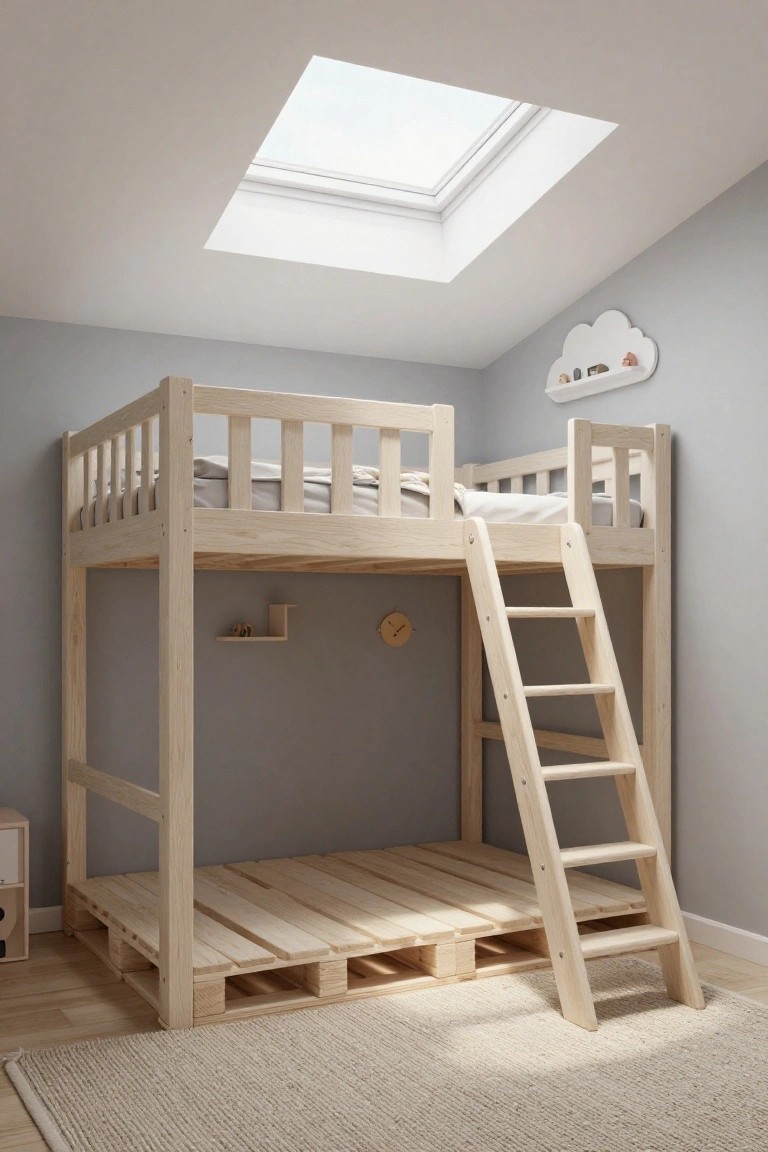 A light gray children's bedroom with a DIY wooden pallet loft bunk bed featuring a ladder, upper mattress with bedding, and exposed pallet platform underneath.
