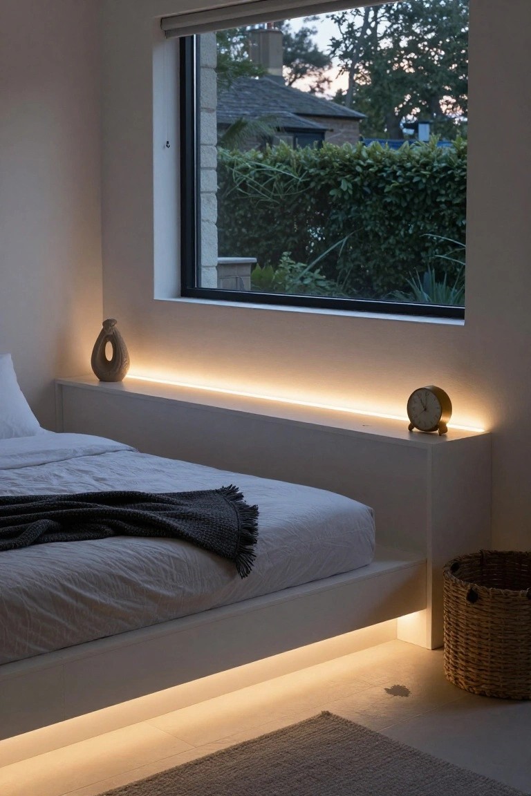 Corner view of a minimalist white bedroom with platform bed, LED strip lights under the bed frame and headboard shelf, ceramic vase and clock on shelf, large window overlooking garden and trees, wicker basket on floor.
