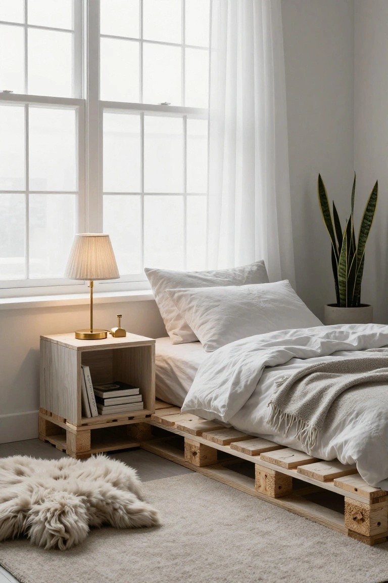 Bedroom with a low bed frame built from stacked wooden pallets, covered in white sheets and a light gray throw, beside a wooden nightstand holding a lamp and books, a tall snake plant in the corner, and sheer curtains over large windows.