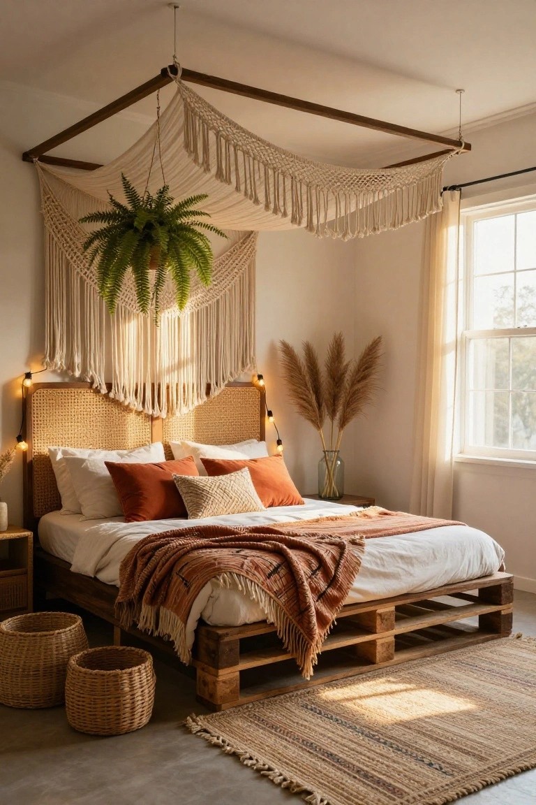 Bedroom with low wooden pallet bed frame, beige macrame canopy overhead, rattan headboard, orange and white pillows, pampas grass in vase, hanging fern plant, and woven baskets on concrete floor.