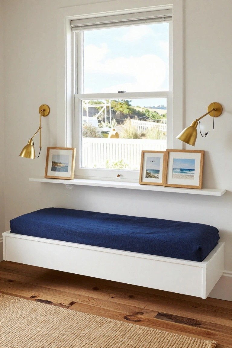 White floating wooden bench with navy blue cushioned top under a large window flanked by gold swing-arm sconces and wooden frames of ocean scenes on a white wall shelf, with hardwood floors and seagrass rug below.