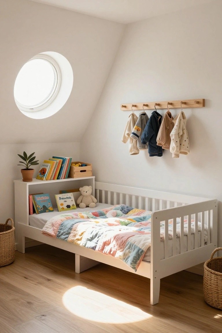 White wooden toddler bed with slatted sides and attached bookshelf headboard in a light-filled attic nursery room with round window, hanging children's jackets on wooden wall rack, potted plant, and woven baskets on oak floor.