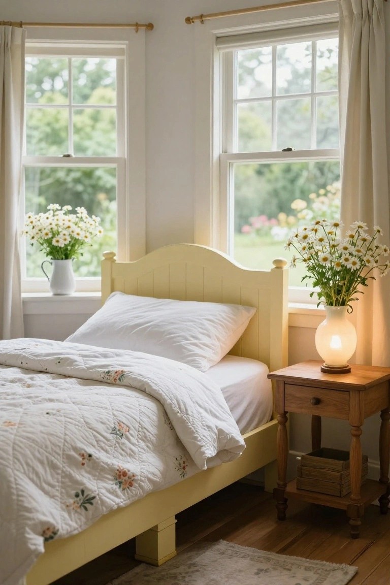 Corner of a white-walled bedroom with a yellow painted wooden bed frame, white quilted bedding, wooden nightstand with lamp and basket, vases of white daisies, and large windows with cream curtains overlooking greenery.