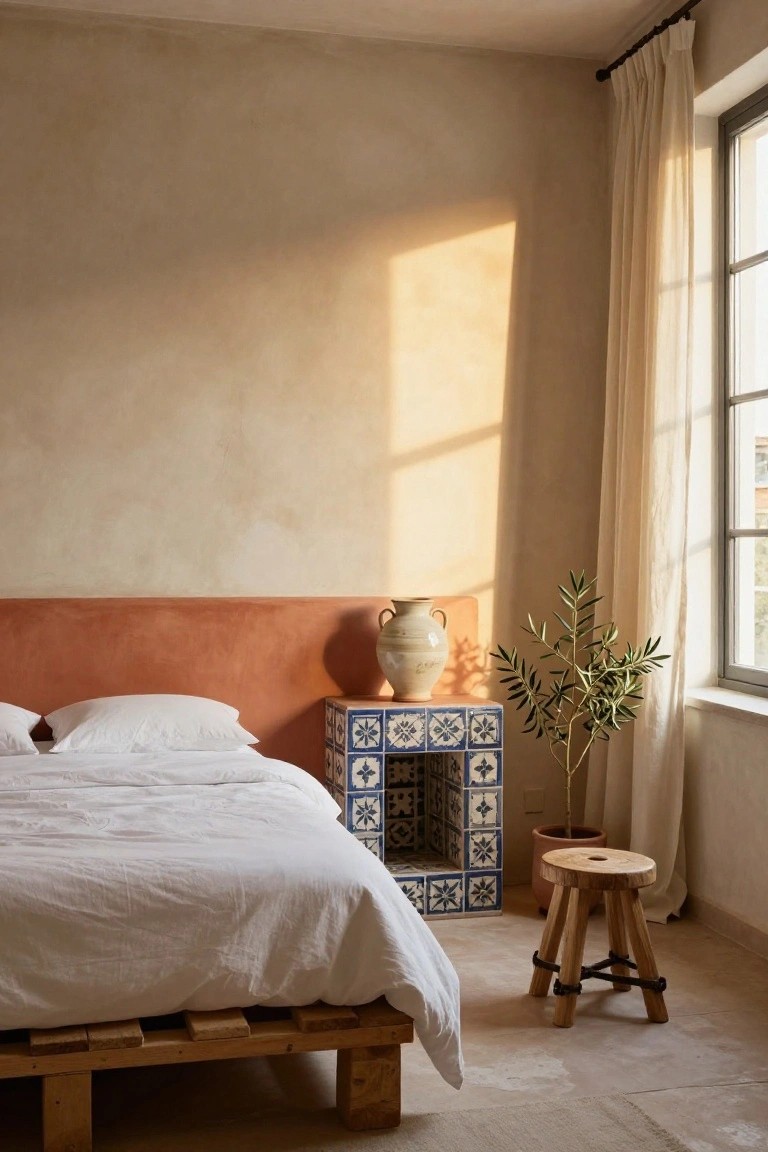Bedroom corner with low wooden pallet bed frame topped by white sheets and pillows, terracotta headboard, blue-and-white tiled pedestal holding vase and olive tree in terracotta pot, wooden stool, beige plaster walls, large window with sheer curtains and afternoon light.