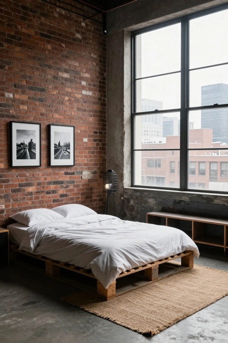 A bedroom with low wooden pallet bed frame topped by white duvet and pillows, exposed red brick walls, black framed photos, cage lamp, wooden bench, seagrass rug, and large metal-framed windows overlooking city buildings.