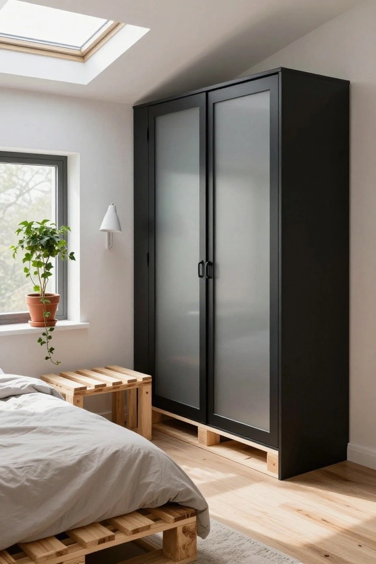 Bedroom corner featuring a low bed frame made from stacked wooden pallets raised on blocks, a matching pallet bench, tall black wardrobe with frosted glass doors, ivy plant in terracotta pot by window, wall lamp, and skylight overhead.