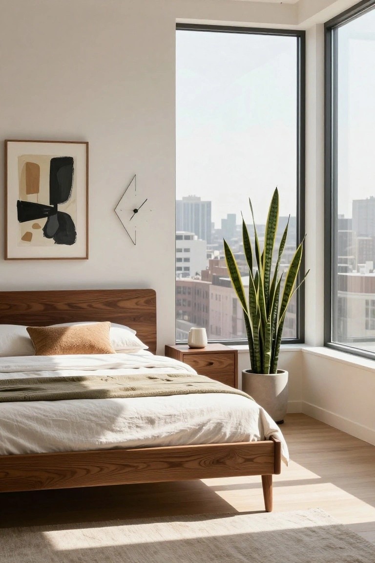 Corner bedroom with wooden platform bed, beige linens, bedside table, large potted snake plant, abstract wall art, wall clock, and floor-to-ceiling windows showing city view.