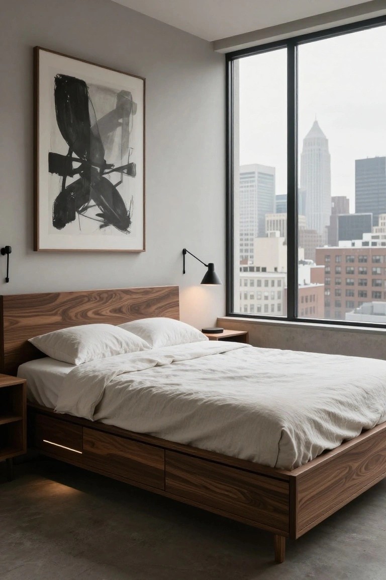 Modern bedroom interior featuring a low walnut wood platform bed with white linens, built-in side drawers, black wall lamps, large abstract artwork, and floor-to-ceiling windows overlooking a city skyline.