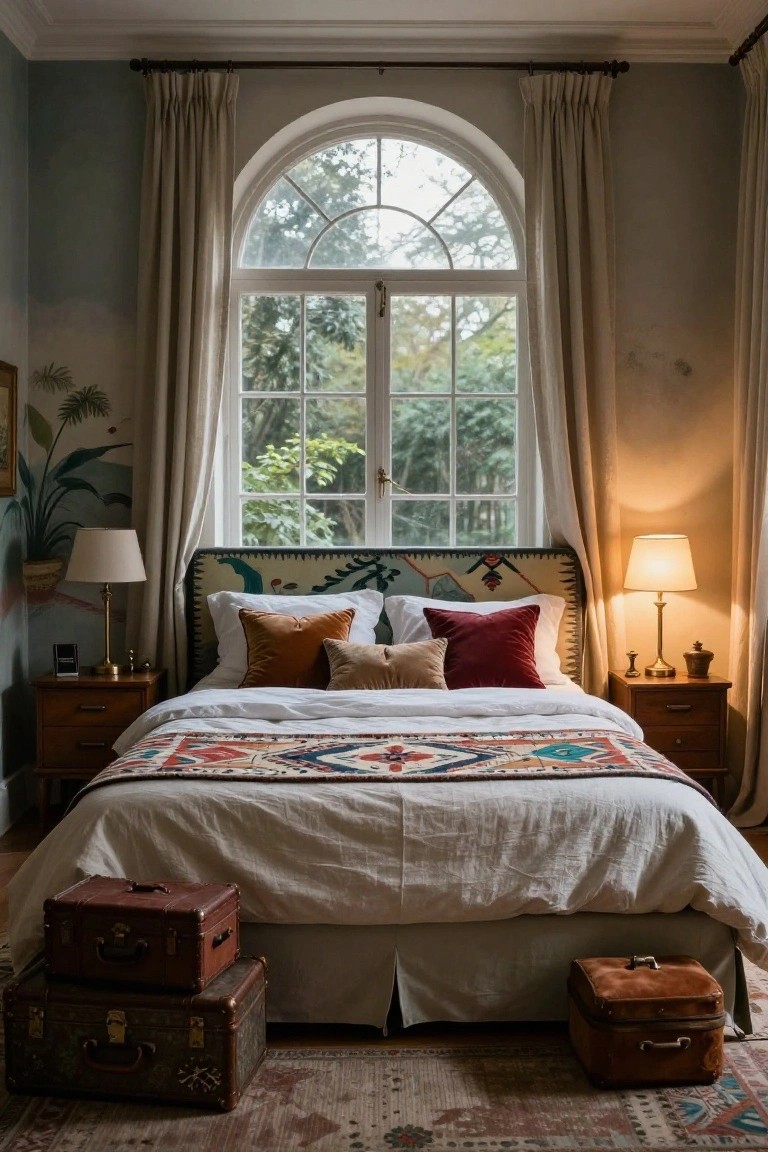 Bedroom interior with a large arched window draped in cream curtains, bed featuring patterned fabric headboard, white linens, colorful pillows and throw, wooden nightstands with lamps, and stacked vintage leather suitcases at the foot on a patterned rug.