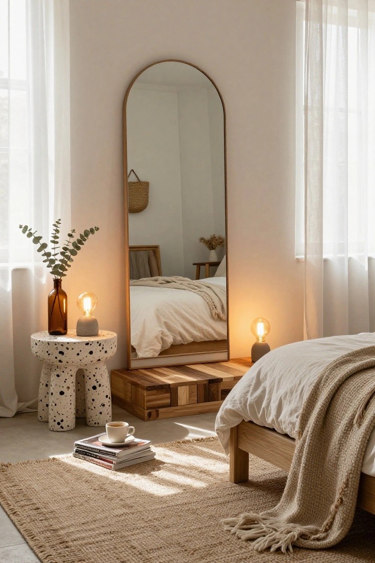 Bedroom with low wooden platform bed frame, arched gold mirror leaning against wall, polka dot side table holding lamp and vase with eucalyptus, another lamp on wooden stool, beige rug, books and coffee cup on floor, sheer curtains on windows.
