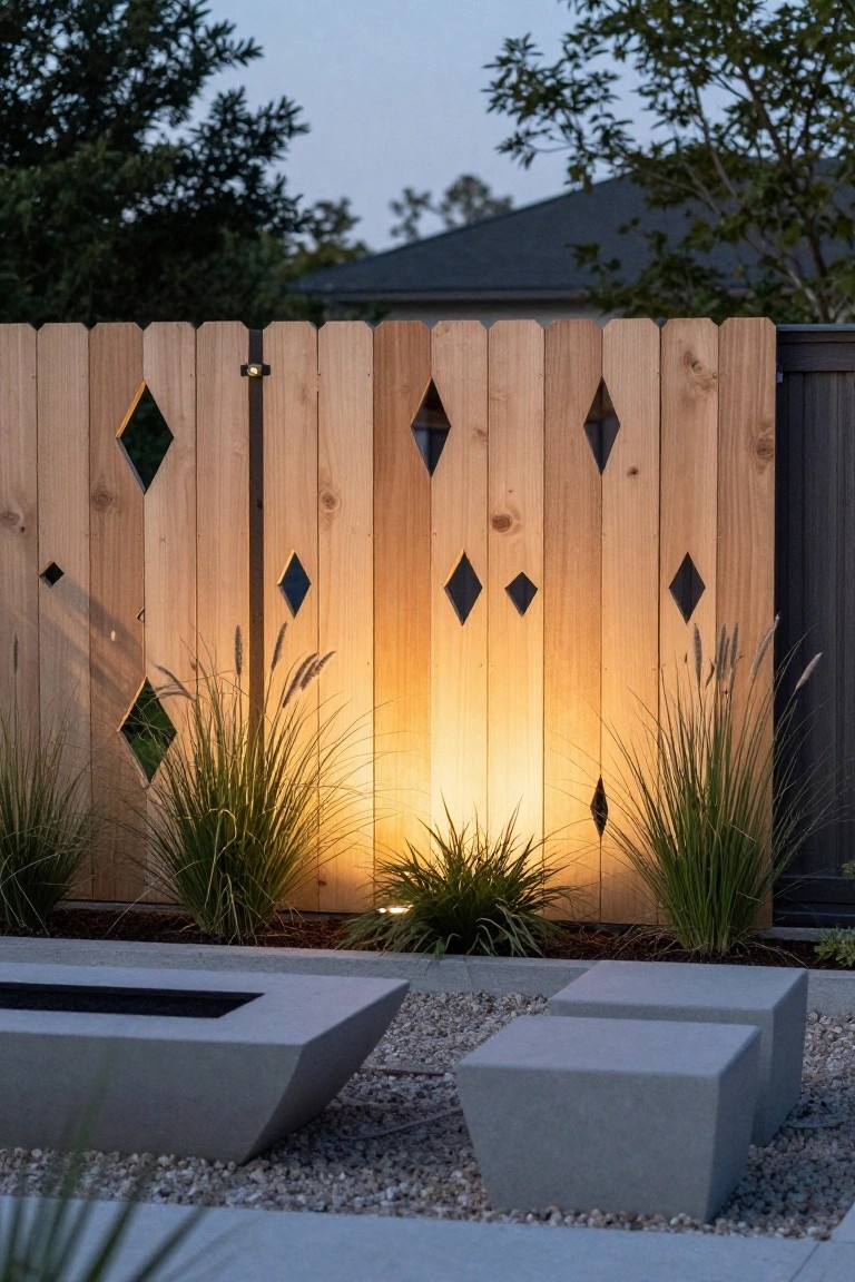 Wooden slat fence with diamond-shaped cutouts stands behind tall grasses on a gravel patio area with a concrete fire pit and two cube stools at dusk.