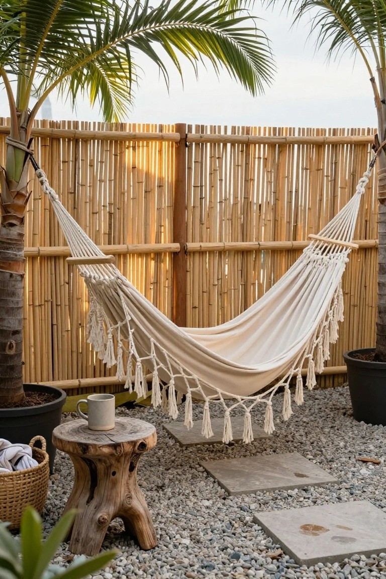 White hammock strung between palm trees in a backyard surrounded by tall golden bamboo fencing, with a wooden stool holding a mug on gravel ground near potted plants.
