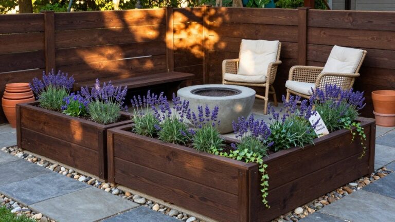 Wooden scalloped picket fence with matching wooden planter boxes filled with lavender plants, rattan lounge chairs around a concrete fire pit on gray pavers, terracotta pots and pebbles in a backyard patio.