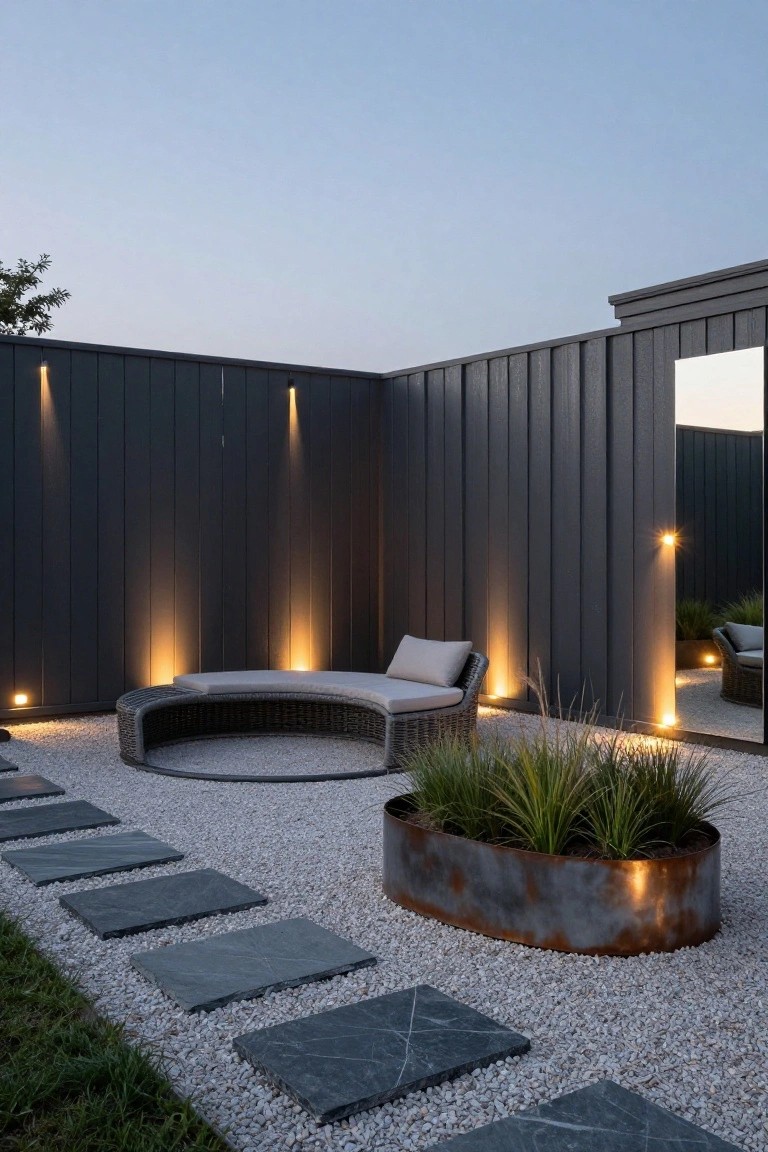 Dark vertical board fence with uplights creating beams of light along its length, illuminating a curved wicker bench with cushions, gravel ground, stone step path, grasses, and a rusted metal planter in a backyard at dusk.