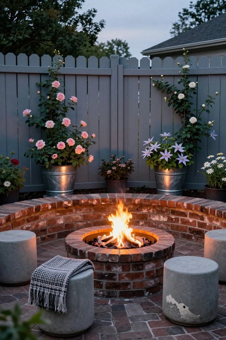 Brick fire pit with orange flames encircled by gray concrete stools, one draped with a gray and white woven blanket, flanked by plants in galvanized buckets against a gray picket fence with climbing pink roses and purple clematis.