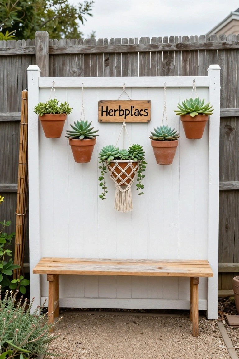 White vinyl fence panel with multiple hanging terracotta pots containing succulents and herbs, a wooden 