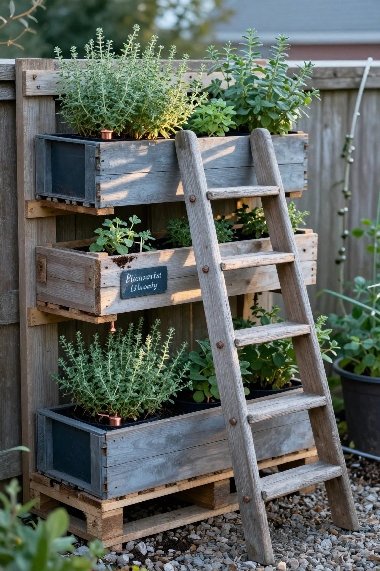 Wooden ladder mounted against a backyard fence with wooden crates planted with green herbs at each step, base on a pallet amid gravel ground.
