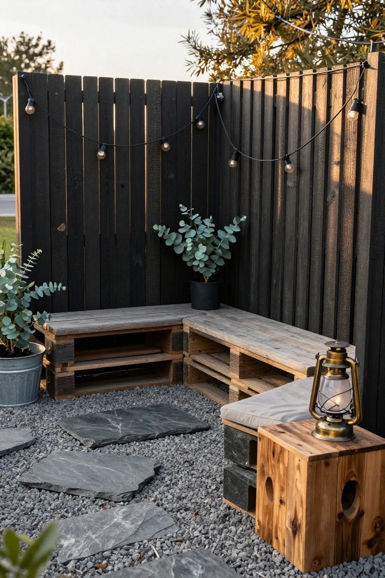Corner outdoor seating bench built from stacked wooden pallets against a tall black slatted fence, with string lights overhead, potted eucalyptus plants, metal bucket planters, slate stepping stones on gravel ground, a small wooden side table, and a brass lantern.