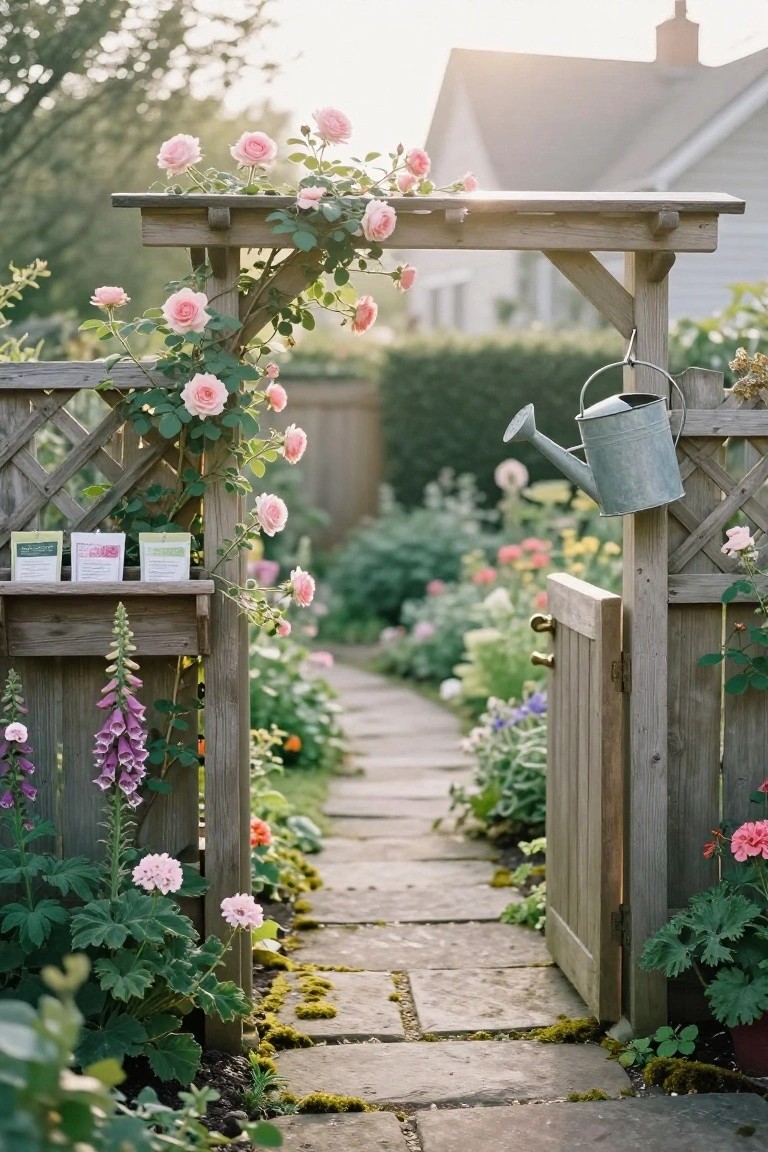 Wooden trellis arbor gate covered in pink climbing roses over a mossy stone path leading into a lush garden with colorful flowers, foxgloves, a hanging metal watering can, and seed packets on a shelf.