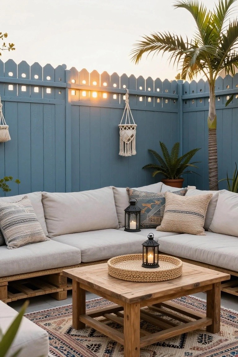 Blue scalloped wooden fence with hanging macrame planters behind a beige L-shaped outdoor sofa and wooden pallet coffee table topped with a seagrass tray and lantern, potted plants and palm trees nearby on a patio.